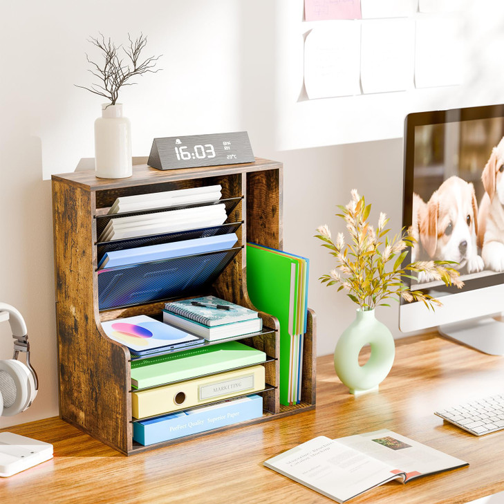 Simple Trending 7 Tier Desk File Organizer, Wooden Letter Tray Paper Organizer with Adjustable File Holder, Mesh Desktop Organizer and Storage for Of