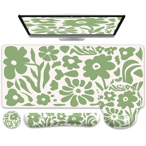 iCasso Desk Cover Mat, 4in1 Floral Large Mouse Pad with Wrist Rest, Desk Matt for Desktop, Anti-Slip XXL Big Computer Ergonomic Mousepad with Wrist S