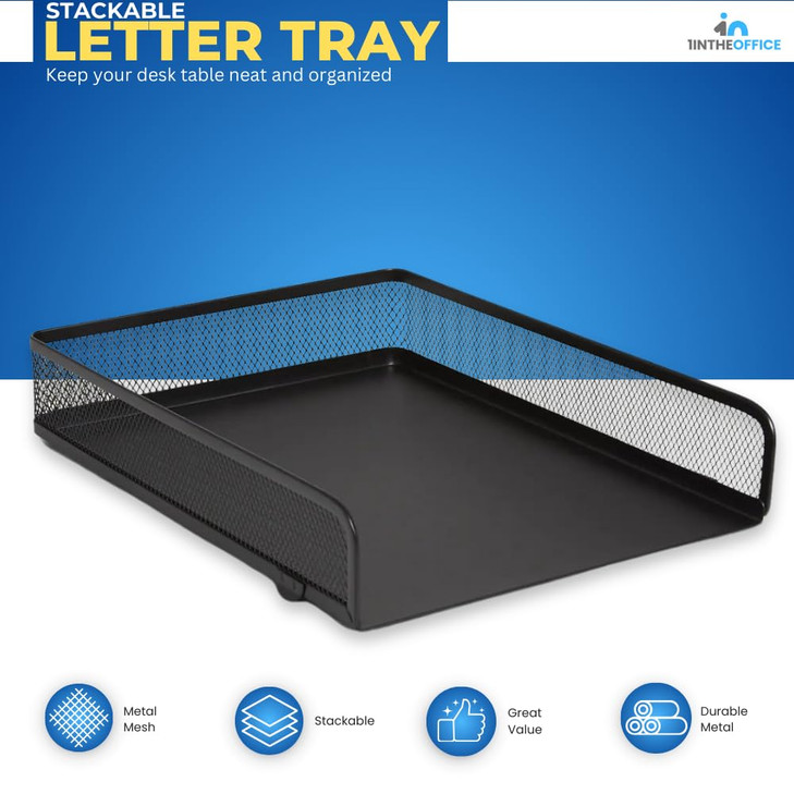 1InTheOffice Stackable Letter Tray, Matte Black Wire Mesh Front-Load Letter Tray