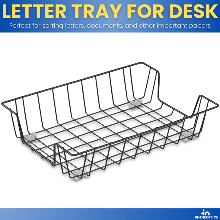 1InTheOffice Letter Tray, Paper Basket for Desk, Paper Trays, Front Load, Black Steel, 2 Pack