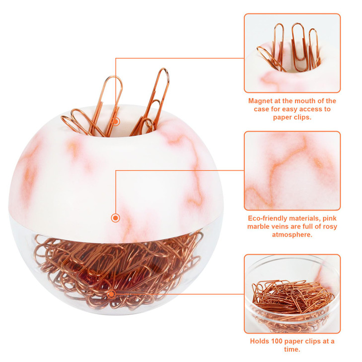 MultiBey Magnetic Paper Clip Holder, Marble Pink Paper Clip Dispenser for Desk, Round Cute Paperclip Organzier, 28mm, 100pcs Rose Gold Clips per Box