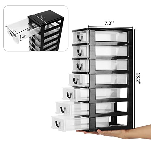 Rempry Mini Plastic Drawers Organizer, 7.1"cx5.1"x13.2" Small Storage Drawers Containers with 7 Clear Drawer Units, Black