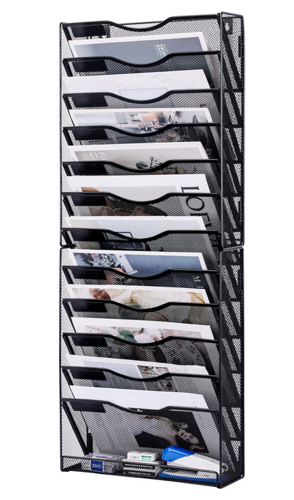 Solinxe 12-Tier Wall File Organizer, Mesh Mail Organizer Wall Mounted Paper Document Holder, Vertical Magazine Rack, Metal Hanging Clipboard Storage