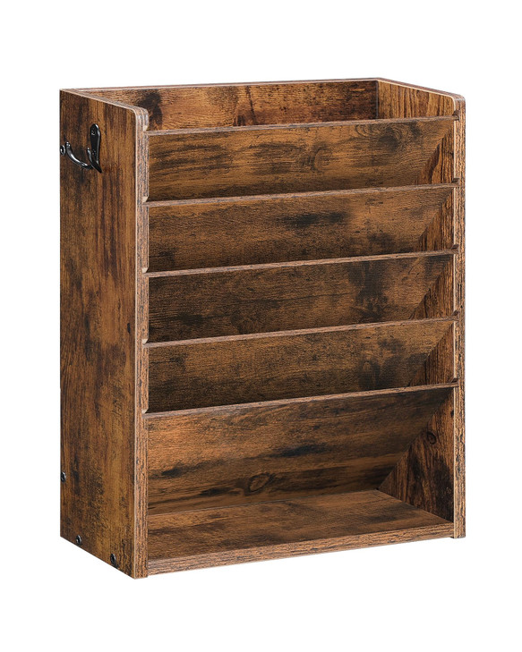 CHOEZON Wall File Organizer, 6-Tier Vertical Mount Hanging Holder with 2 Side Hooks, Vintage Wooden Magazine Storage Crate with Bottom Flat Tray, Des