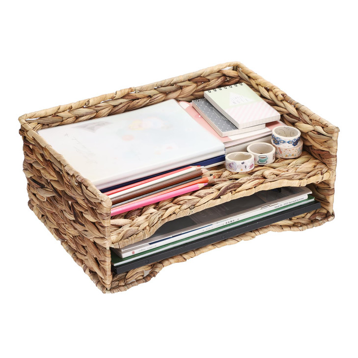 BTSKY 2 Tier Water Hyacinth Letter File Storage Basket, Woven Paper Organizer A4 File Tray Magazine Holder Woven Basket for Desk Document Office Pape
