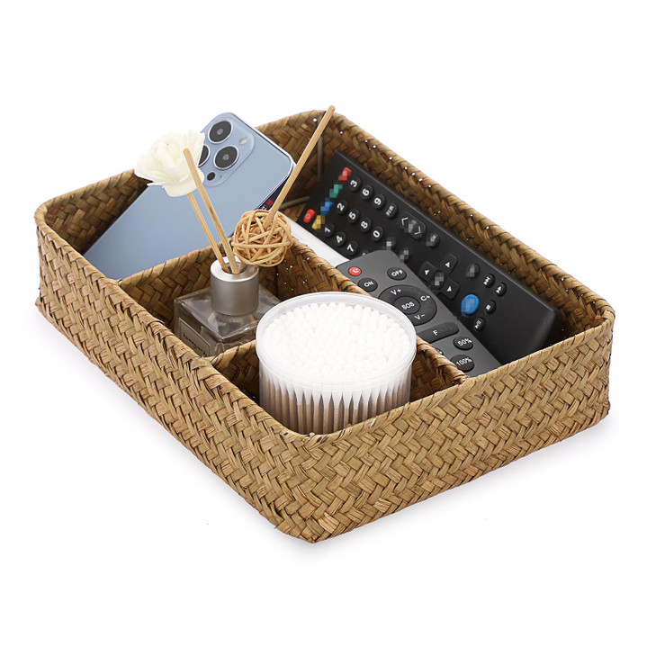 BTSKY Desk Drawer Organizer Tray, Coffee Station Organizer Tea Bag Organizer, Woven Seagrass Storage Basket with 4 Divided Sections Handwoven Wicker