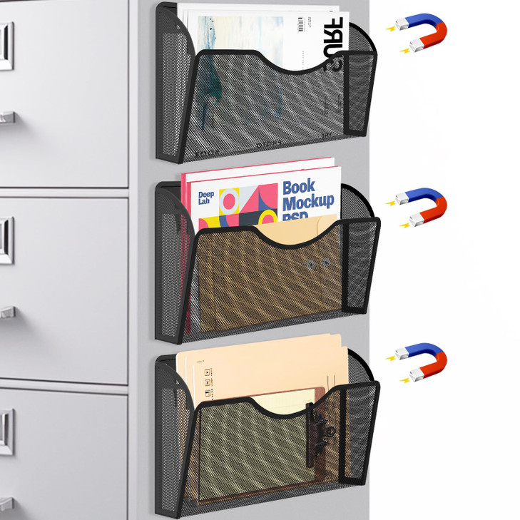 Magnetic File Holder 3 Pockets File Folder Organizer, Office Hanging Magazine Rack for File Cabinets, Magnetic Paper Holder, No Drilling Mail Organiz