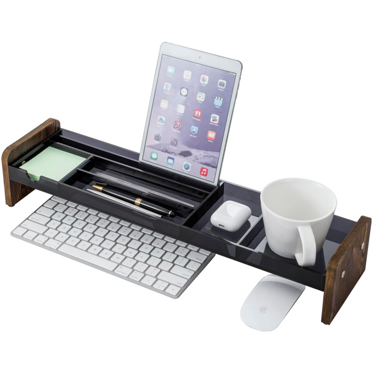 MyGift Premium Dark Gray Acrylic Desk Storage Tray with Rustic Burnt Solid Wood Side Panel Legs, Office Desktop Over Keyboard Supplies Holder, Includ