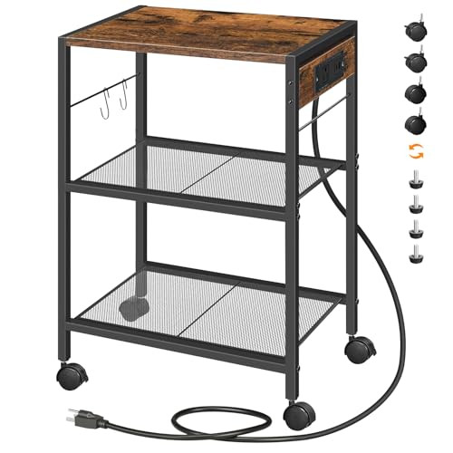 HOOBRO Industrial Printer Stand, 3-Tier Mobile Printer Table, Rolling Cart with Power Outlets and USB Ports, Home Printer Stand with 2 Hooks, for Off