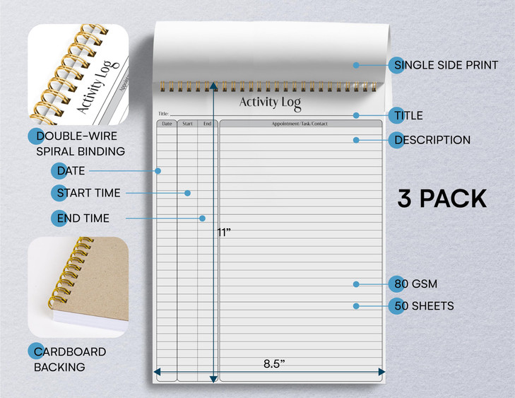 Better Office Products Activity Log Notepad, 8.5" x 11", Planning Note Pad, 50 Sheets, Double-Wire Spiral, Daily Time Tracking Productivity Checklist