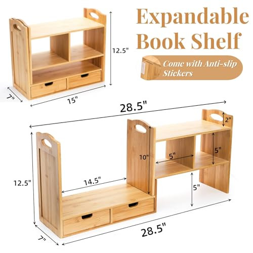 Eorbow Bamboo Desktop Bookshelf, Expandable Counter Bookcase, Storage Shelves Rack Organizer with Anti-Slip Pads, Cute Small Desk Display Cubby Top f