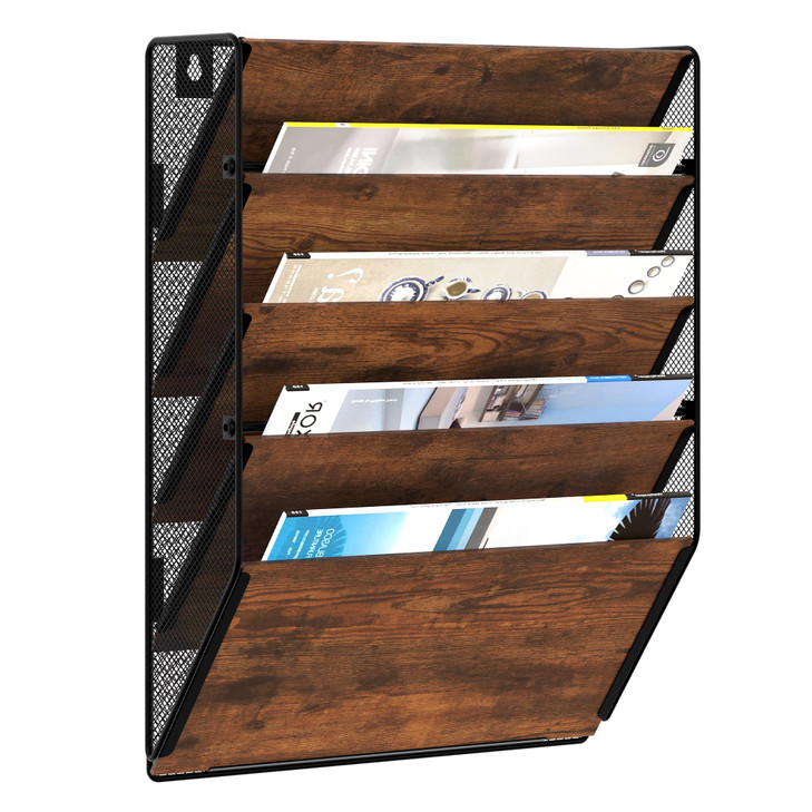 Senhoglb Metal Wall File Holder Organizer, 5-Tier Mesh Hanging Wall File Organizer, Magazine Rack With Pockets, Wood Document Holder for Office Home,