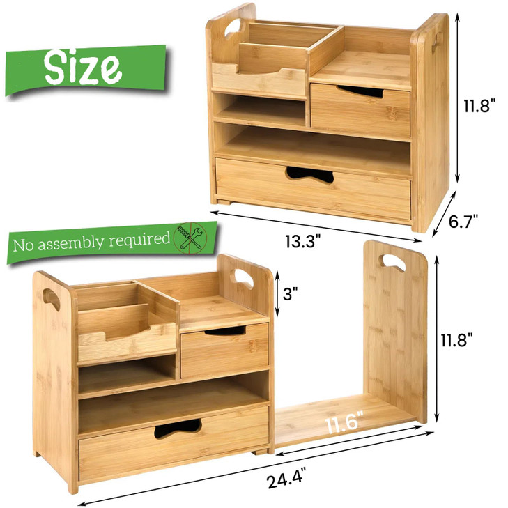 ZOOFOX Bamboo Desk Organizer with Adjustable File Holder, Mail Organizer Countertop with Drawer, 4-Tier Desktop Organization and Desk Accessories for