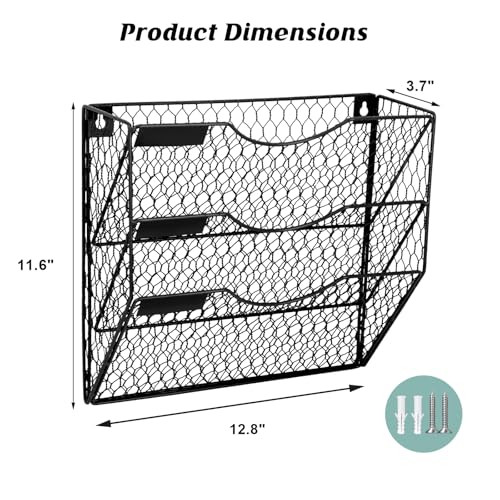 EASEPRES Mail Organizer Wall Mount Hanging File Holder Storage, Metal Chicken Wire Magazine Rack 3 Tier, Black