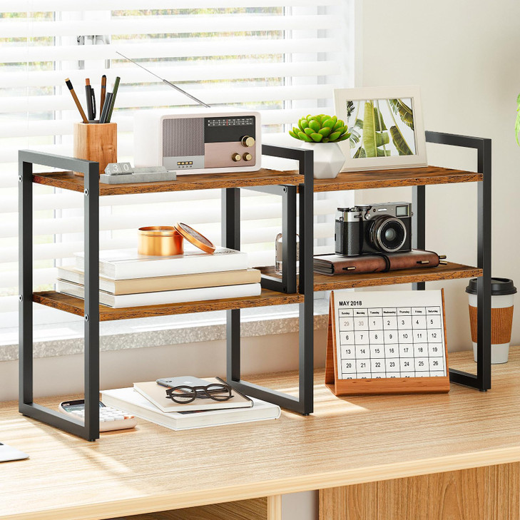 HOOBRO Desk Shelf Organizer, Adjustable Desktop Bookshelf, 2-Tier Shelf for Top of Desk, Wooden Office Storage Rack, for Office, Study, Kitchen, Dorm