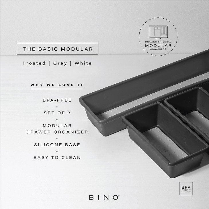 BINO | 3-Piece Drawer Organizer Bin Set, Small - Grey | THE MODULAR | Multi-Purpose Storage | Soft-Grip Lining and Non-Slip Rubber Feet | Durable | B