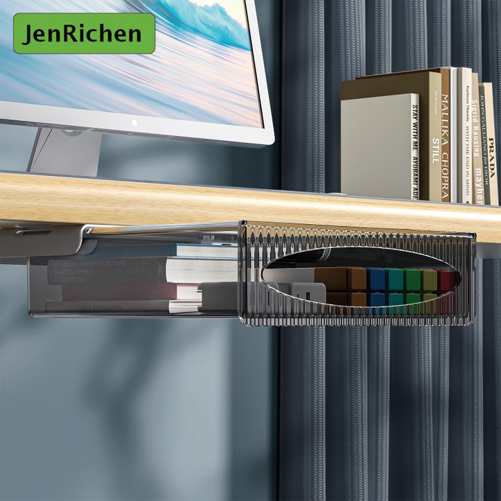 2 Pack Under Desk Drawer Slide Out, Self Adhesive Under Desk Drawers Large 9.5" and Small 8.3" Under Table Hidden Storage Drawer Stick on Drawers Des