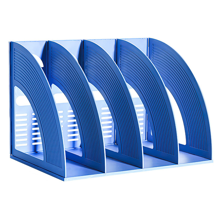 SAYEEC File Holder Storage Folder 4 Compartment Standing Desktop Hollow Organizer Blue Files Shelf Frame Thicken Plastic Paper Notebook Magazine Book