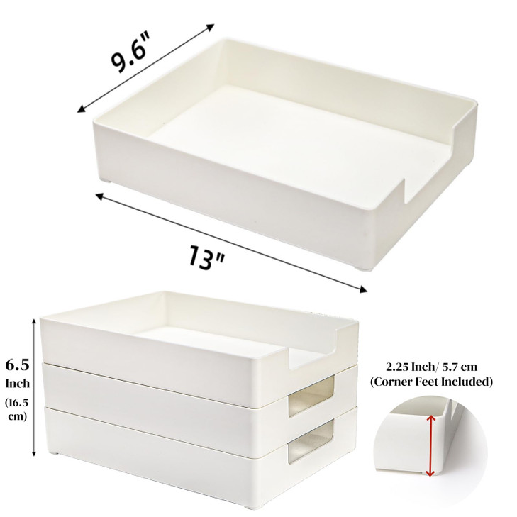 Eorbow 3 Pack Letter Tray, Plastic Stackable A4 Paper Trays, Rectangular Desk Drawer Organizer, File Holder for Desktop, Office Supplies Storage, Whi