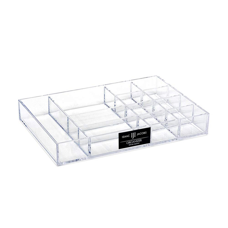 Isaac Jacobs 12-Compartment Clear Acrylic Drawer Organizer (9.4" L x 6.4" W x 1.3" H), Multi-Sectional Tray & Storage Solution for Makeup, School & O