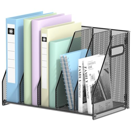 VEESUN Desk Organizers Metal Desk Magazine File Holder Binder Holder with 5 Vertical Compartments Rack File Organizer for Office Desktop, Home Study,