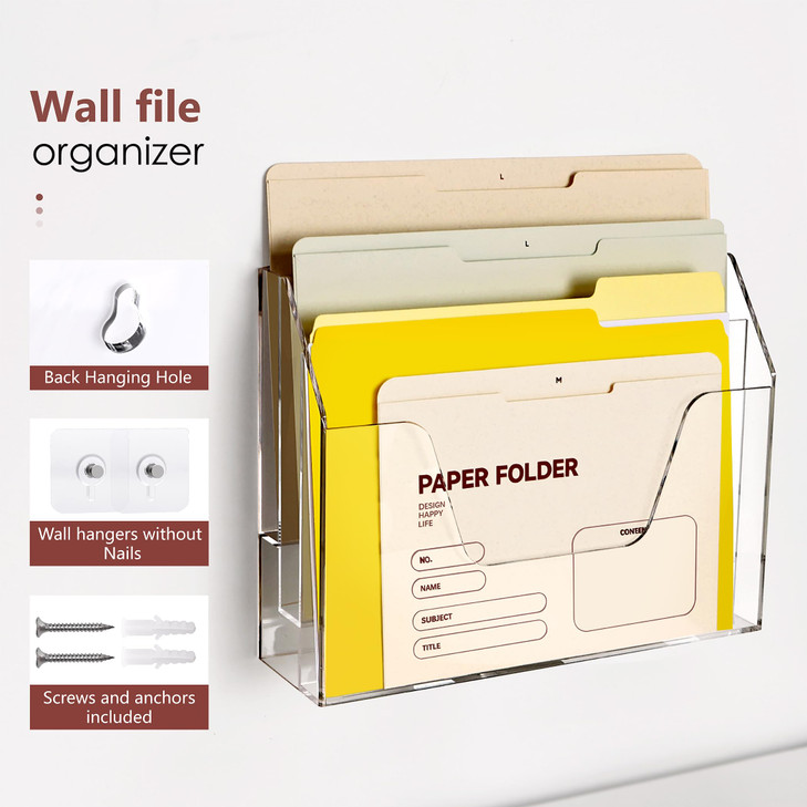 DINGHUO Acrylic Hanging Wall File Folder Organizer for Desk, Clear 3 Tier Document Paper Magazine Holder for Home, Office Organization, School - 1 Pa