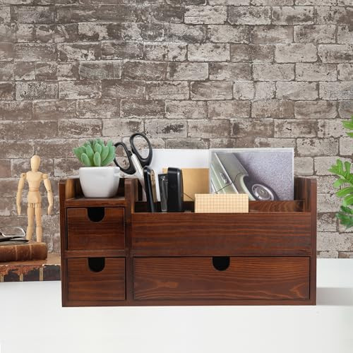 ExoLiry Rustic Brown Wooden Desktop Organizer Drawers Removable Office Supplies Torched Wood Storage Cabinet Caddy Box Stationery Pencil Slots Mail H
