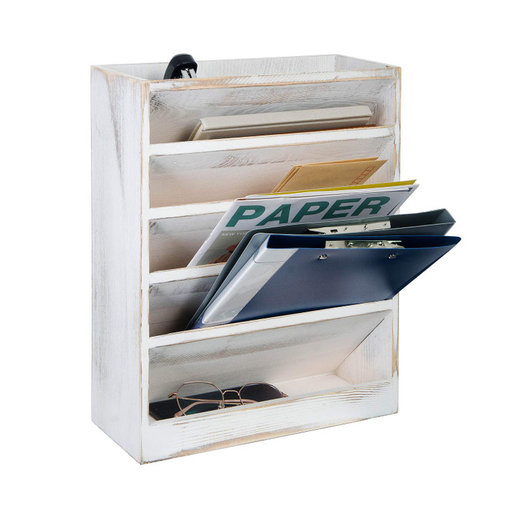 Vintage Rustic Wooden 5 Slot Office Desk or Distressed Torched Wood Wall Mounted Hanging Document Filing Organizer?Magazine Rack?Mail Holder Organize