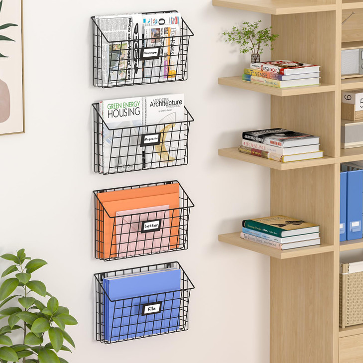 X-cosrack 4-Tier Hanging Wall File Holder Vertical Wall Mount Metal Wall File Organizer with Tag Slot Document Magazine Rack Mail Organizer for Offic