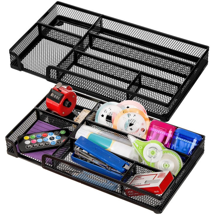 Noamus 2 Pack Desk Drawer Organizer, Metal Mesh Drawer Office Tray, 6 Compartments Pen Organizer Storage Box, Desktop Basket Accessories for Home Off