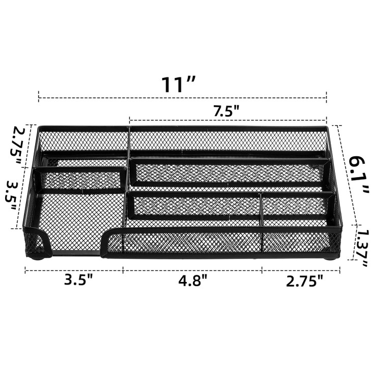 Noamus 2 Pack Desk Drawer Organizer, Metal Mesh Drawer Office Tray, 6 Compartments Pen Organizer Storage Box, Desktop Basket Accessories for Home Off