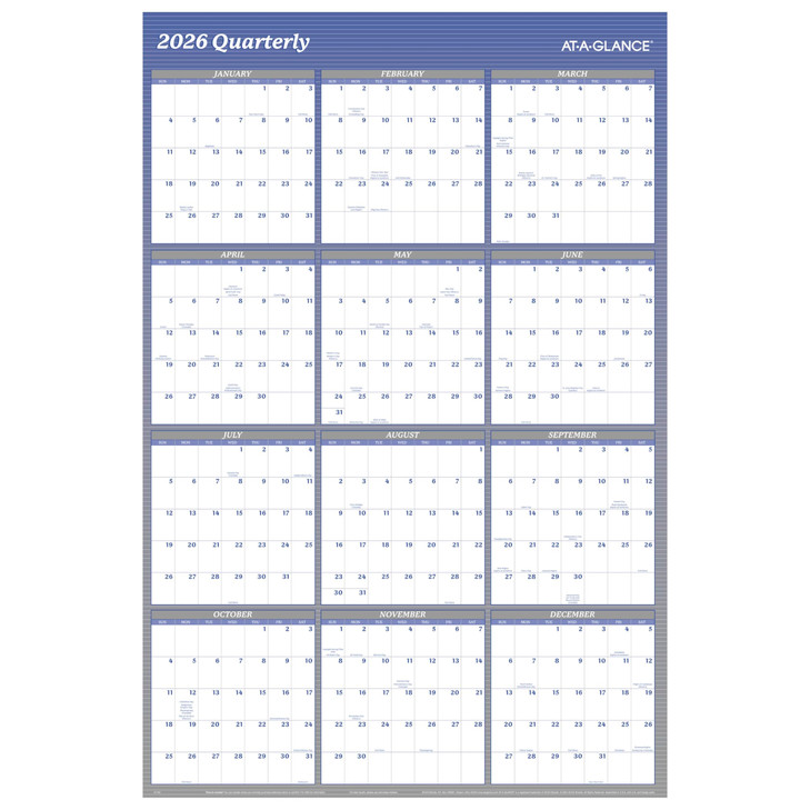 AT-A-GLANCE 2026 Wall Calendar, Dry Erase Wall Planner, Monthly, 48" x 32", Extra Large, Vertical/Horizontal, Reversible, 12-Month, Blue (A1152-26)