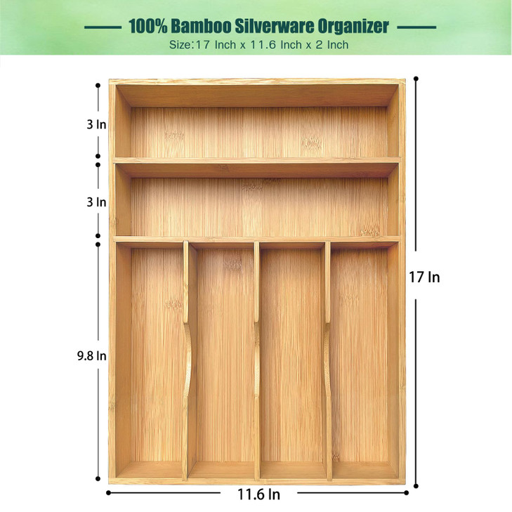 guiogc Bamboo Kitchen Drawer Organizer, 11.6" W x 17" H Silverware Utensil Tray Holder, Wood Cutlery Tray for Silverware, Flatware, Bedroom, Organiza