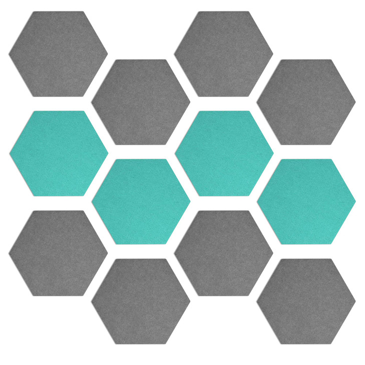 Navaris Hexagon Felt Board Tiles - Set of 12 Notice Memo Bulletin Boards with Push Pins and Double-Sided Tape 5.9" x 6.7" - Dark Gray, Turquoise