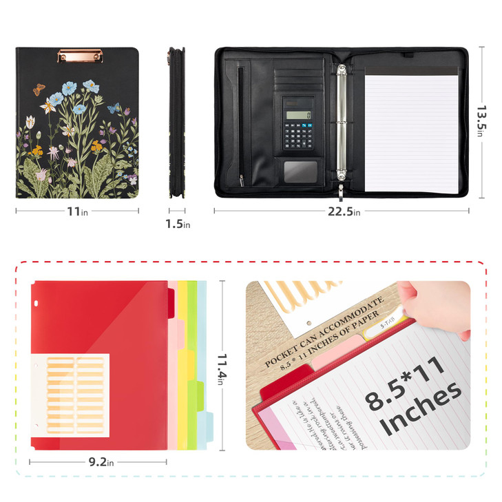 Ospelelf Leather Portfolio Folder with Zipper - 3 Ring Binder with Clipbard - Calculator, 12.1 Tablet Sleeve, 5 Dividers with 10 Pockets, Refillable