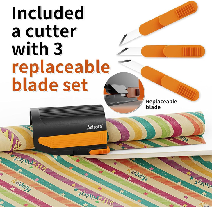 2 PC Wrapping Paper Cutter with 3 Replaced Blade, Adapt for Any Diameter Wrapping Paper Roll, Antislip Silicone Hold Touch Surface, Cut Efficient Str