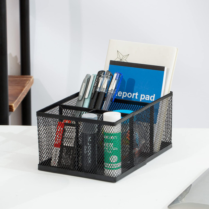 MyGift Black Metal Mesh Desk Organizer Pen Holder Pencil Holder Office Supplies Caddy with 4 Compartments