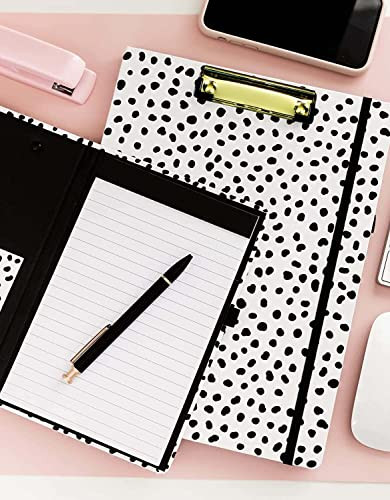 Steel Mill & Co Cute Clipboard Folio with Refillable Lined Notepad and Interior Storage Pocket, Black and White Padfolio for Work, Black Dots
