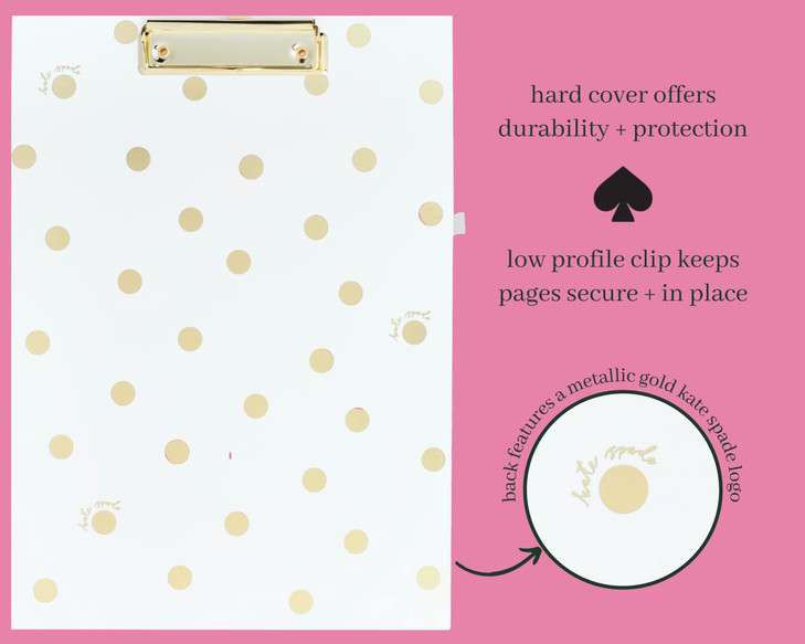 Kate Spade New York A4 Clipboard Folio with Low Profile Clip, Professional Padfolio Includes Lined Notepad, Pen Loop, and Pocket, Gold Dot with Scrip