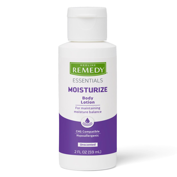 Medline Remedy Essentials Moisturizing Body Lotion (2 oz Bottle), Unscented, Travel-Size, Hydrating, Non-Greasy, For Dry Skin, Hypoallergenic, Men, W
