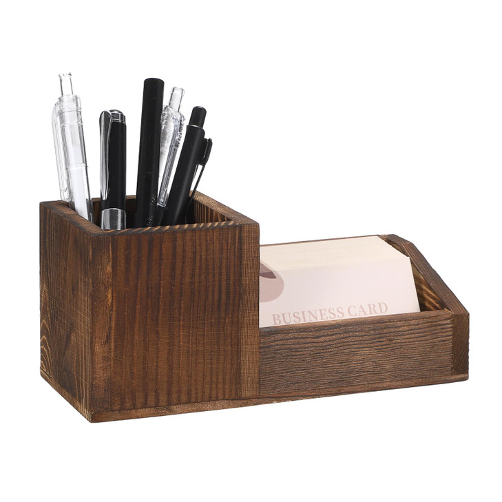 Hipiwe Business Card Holder Stand for Desk Wood Business Card Display Stand with Pen Pencil Holder Cup Multi-Function Desk Stationery Organizer Box f