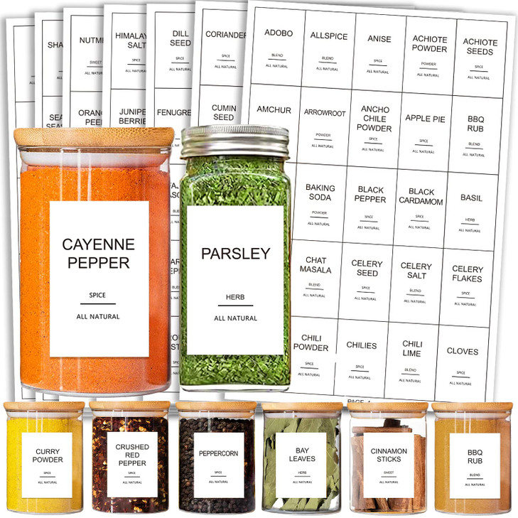 GPOVVIMX 191 Spice Jar Labels Preprinted Minimalist Stickers - White Waterproof Label - Fit Round or Rectangle Spice Jars - Herb Seasoning Kitchen Pa