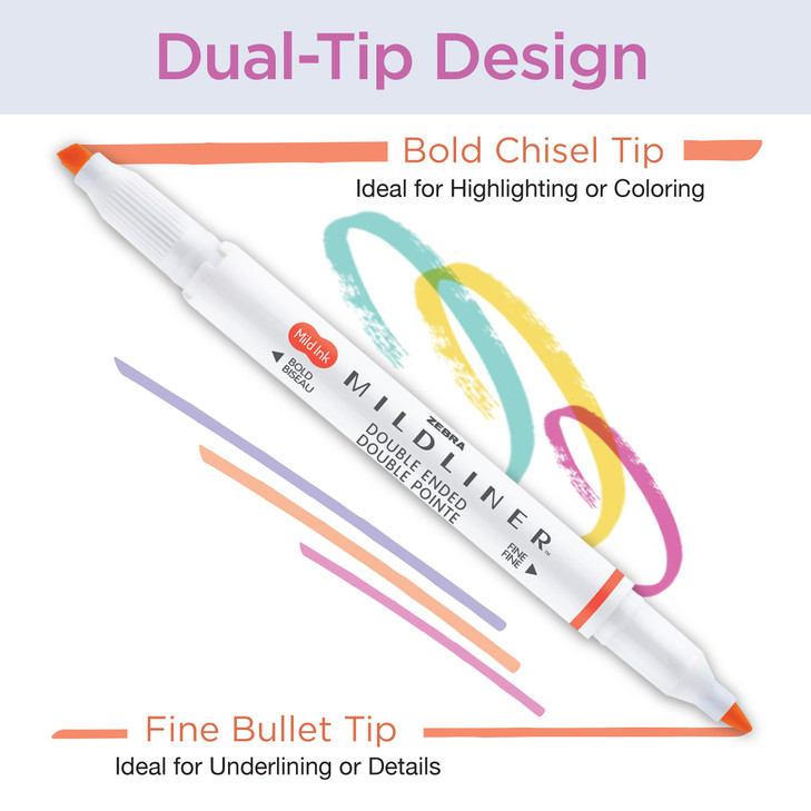 Zebra Pen Mildliner Dual-Tip Highlighter Marker Set, Broad and Fine Point Tips, No Bleed, Ideal for Bible Highlighting, Journaling & Note-Taking, Ass