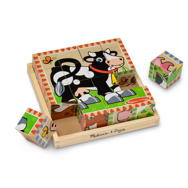 Melissa & Doug Farm Wooden Cube Puzzle with Storage Tray  6-in-1 Animal Puzzle for Toddlers and Preschoolers  16 Wooden Cubes  Farm Toy for Kids A