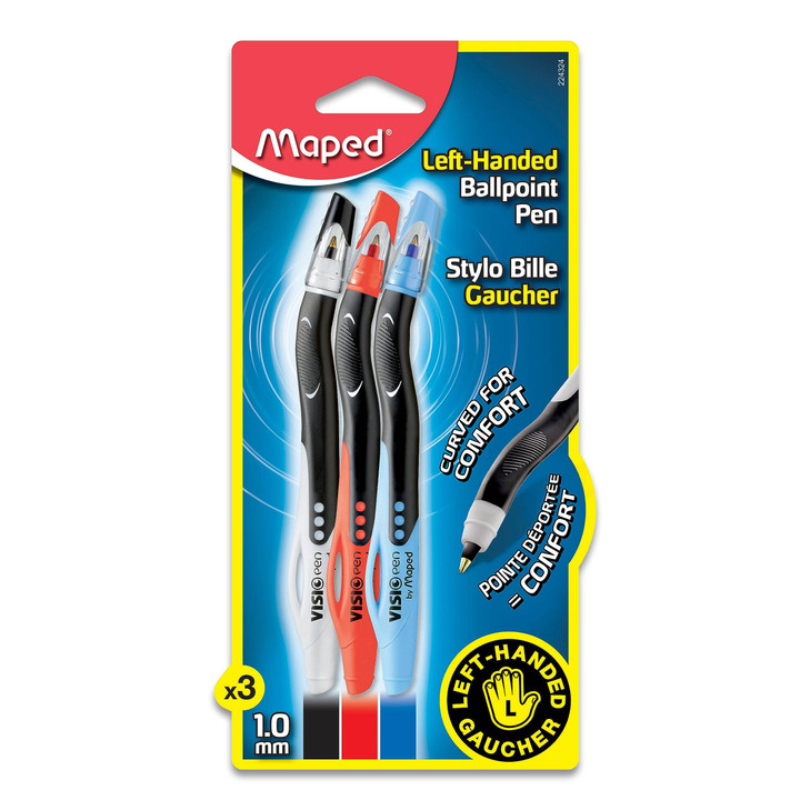 Maped - Visio Left-Handed Quick-Drying Ballpoint Pen - 3 Pack - Writing Notes - Left-Handed Design - Quick-Drying Ink for Smudge-Free Writing - Comfo