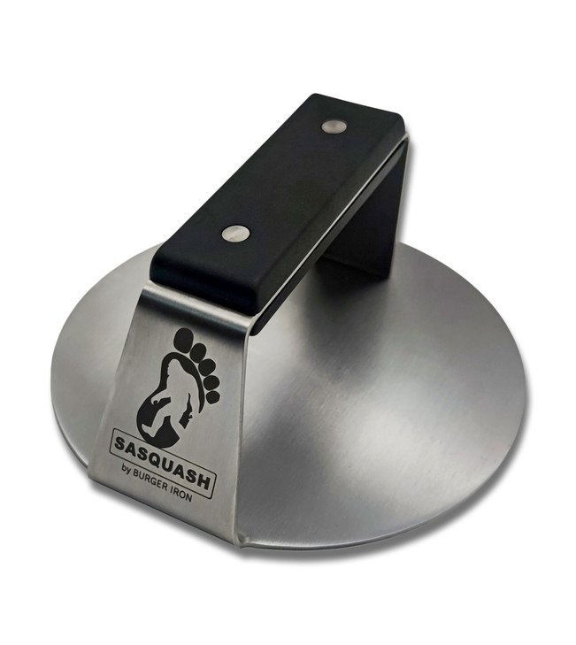 Sasquash Smash Burger Press, Heavy Duty Welded Meat Press Round, 6 Inch Stainless Steel, Flat Handle Hamburger Smasher Tool for Grill, Skillet, Cast