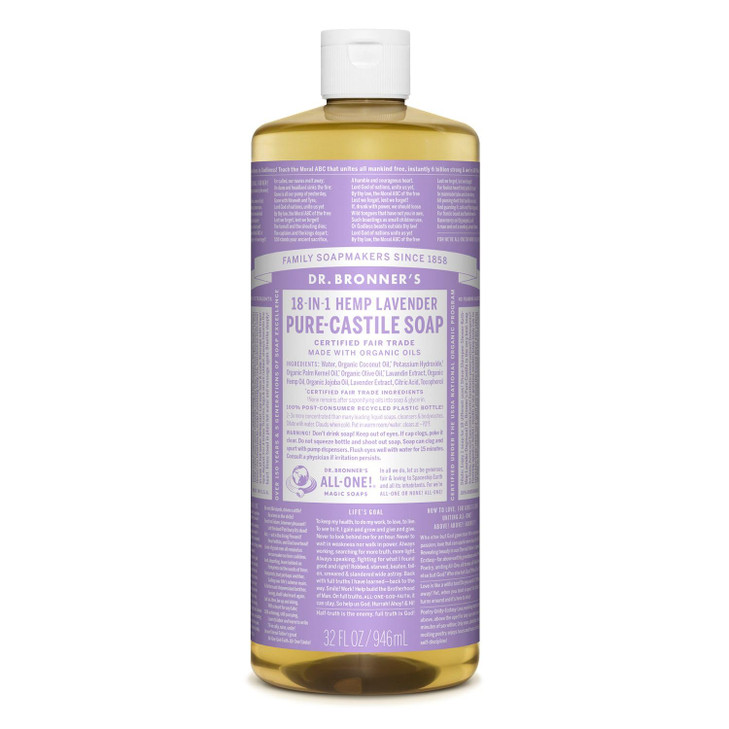 Dr. Bronner's - Pure-Castile Liquid Soap (Lavender, 32 Ounce) - Made with Organic Oils, 18-in-1 Uses: Face, Body, Hair, Laundry, Pets and Dishes, Con