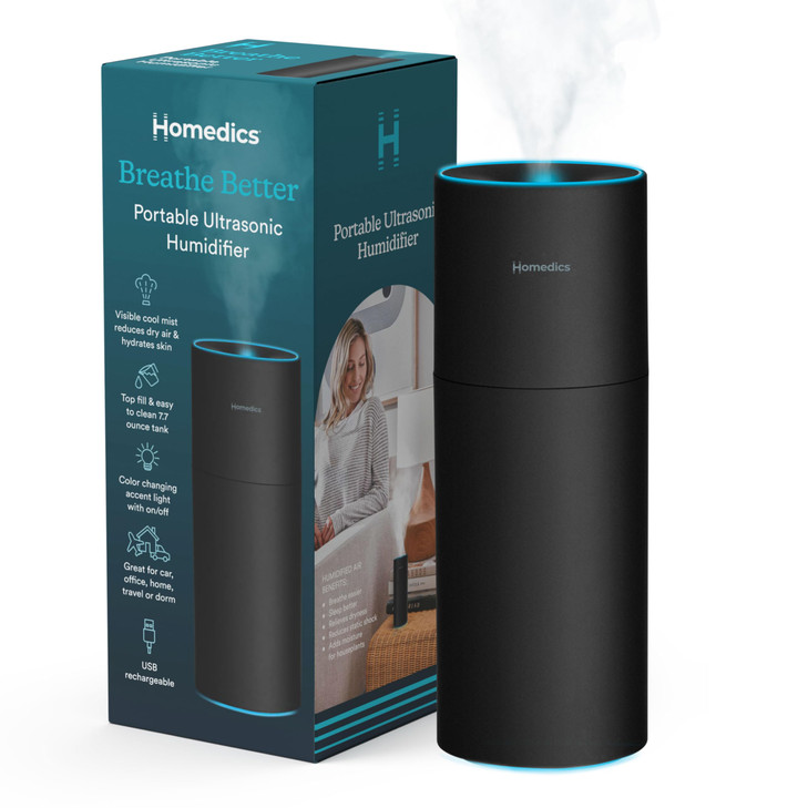Homedics Portable Humidifier - Small Air Humidifiers for Bedroom, Plants, Office, Travel - Cool Mist Humidifiers, Color-Changing Accent Light, 2 Mist