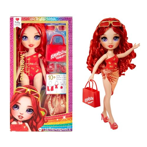 Rainbow High Swim & Style Ruby, Red 11" Fashion Doll with Shimmery Wrap to Style 10+ Ways, Removable Swimsuit, Sandals, Fun Play Accessories. Kids To