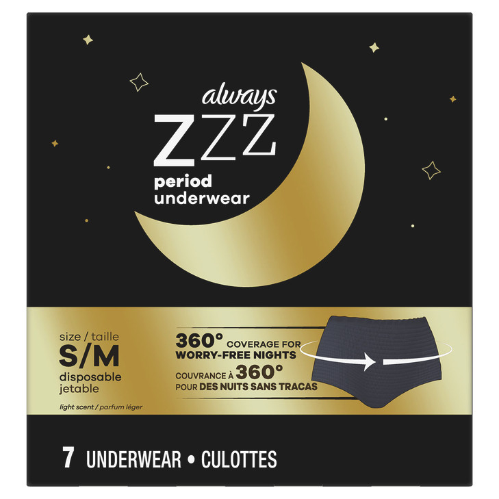 Always ZZZ Overnight Disposable Period Underwear for Women Size S/M, 360 Degrees Coverage, 7 Count